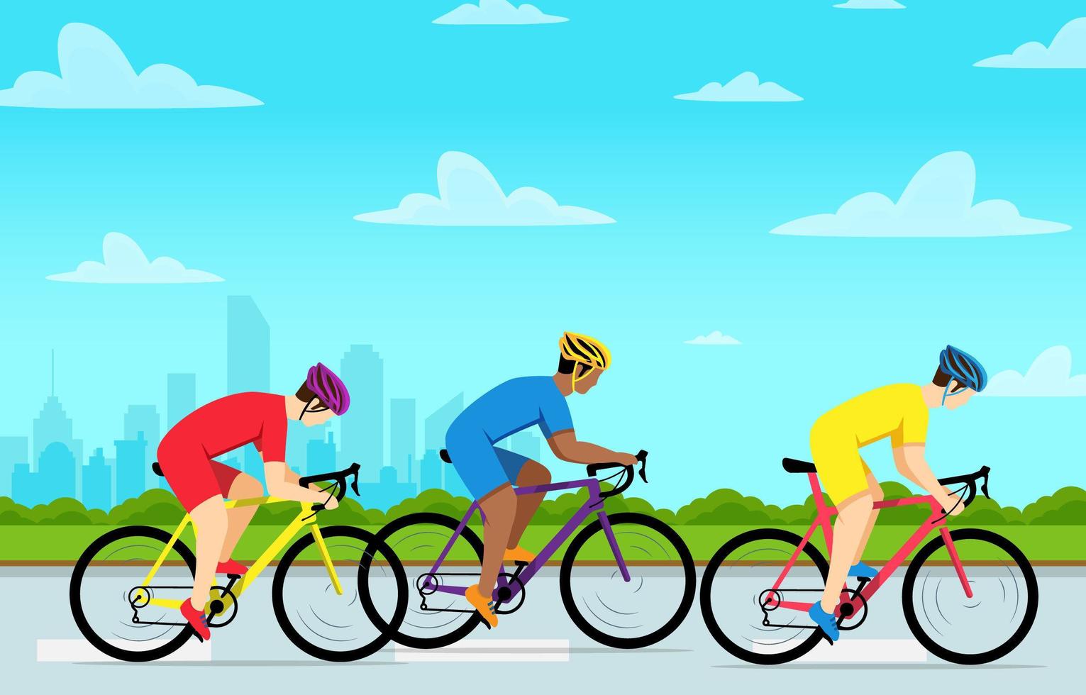 Abstract illustration of three cyclists riding together representing community group cycling